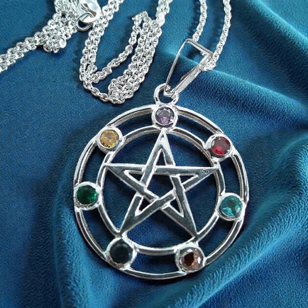 Sterling Silver Chakra Pentagram Pendant Necklace