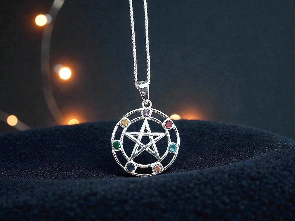 Sterling Silver Chakra Pentagram Pendant Necklace - Image 3