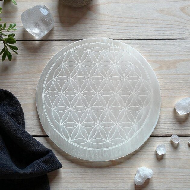 Selenite Charging Plate 8cm Round. Flower of Life