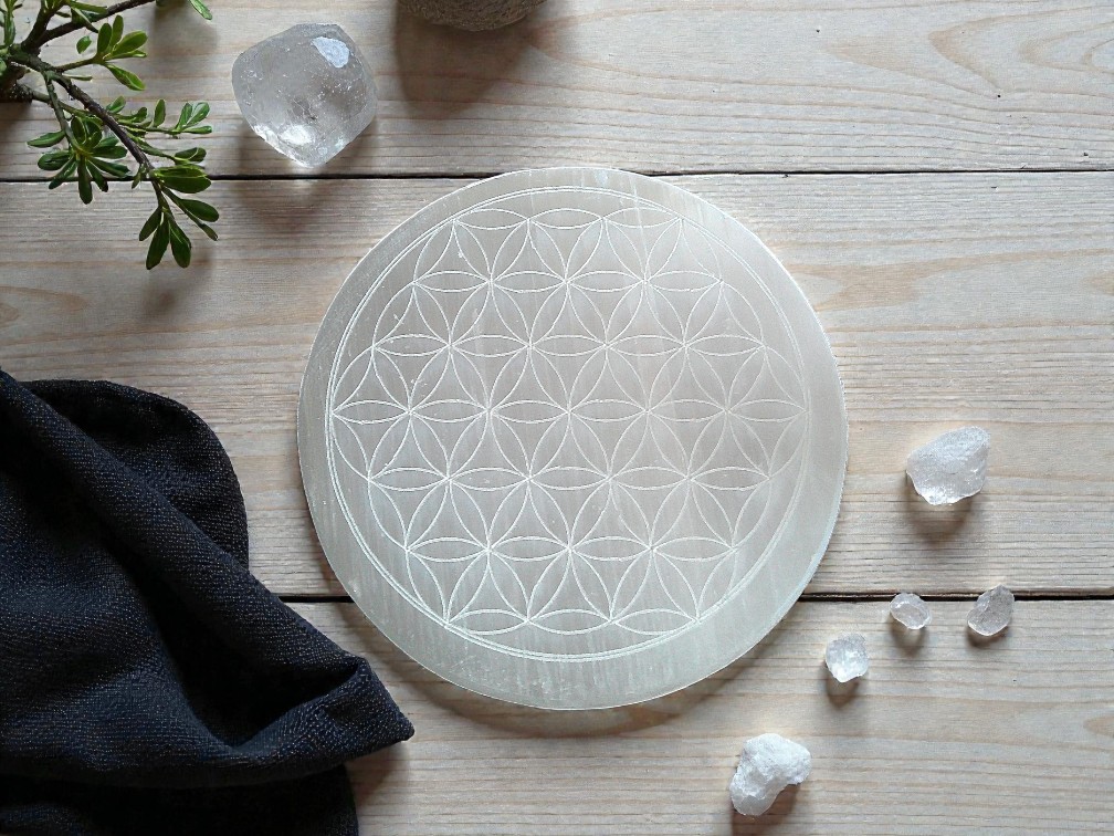 Selenite Charging Plate 8cm Round. Flower of Life