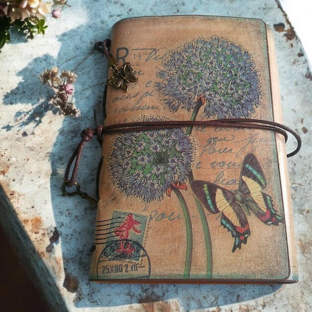 Vintage inspired journal, butterfly and flower