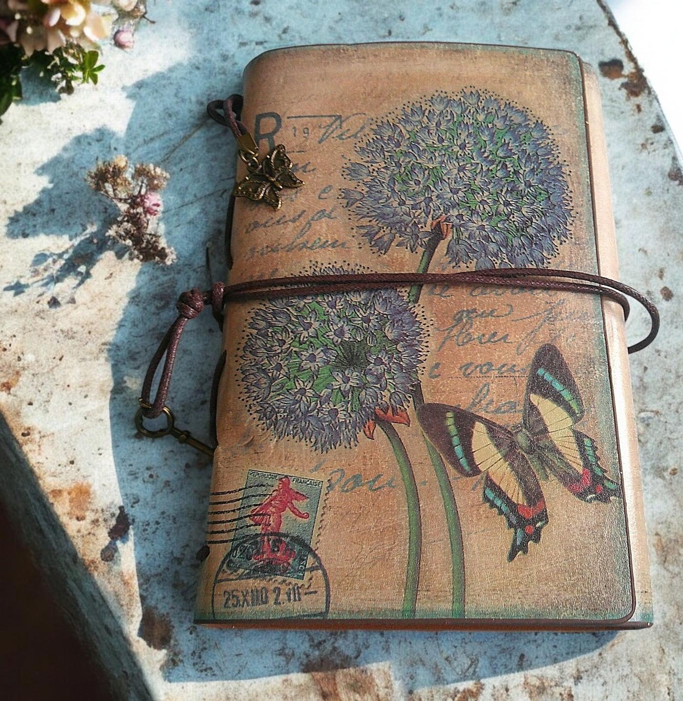 Vintage inspired journal, butterfly and flower