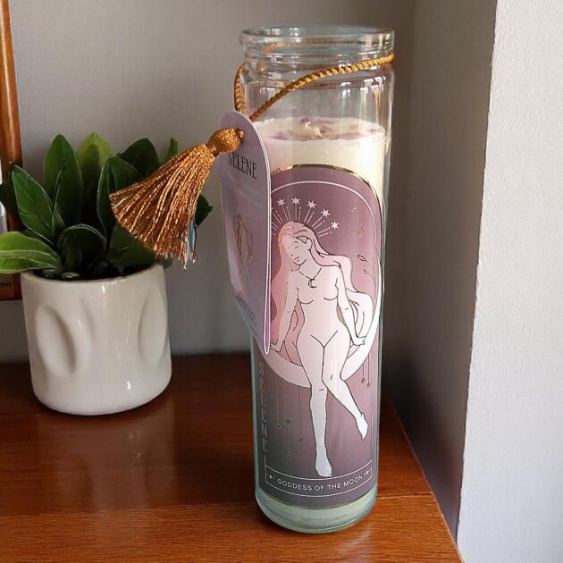Tube Candle, Selene Moon Goddess. Frankincense with Amethyst Crystals