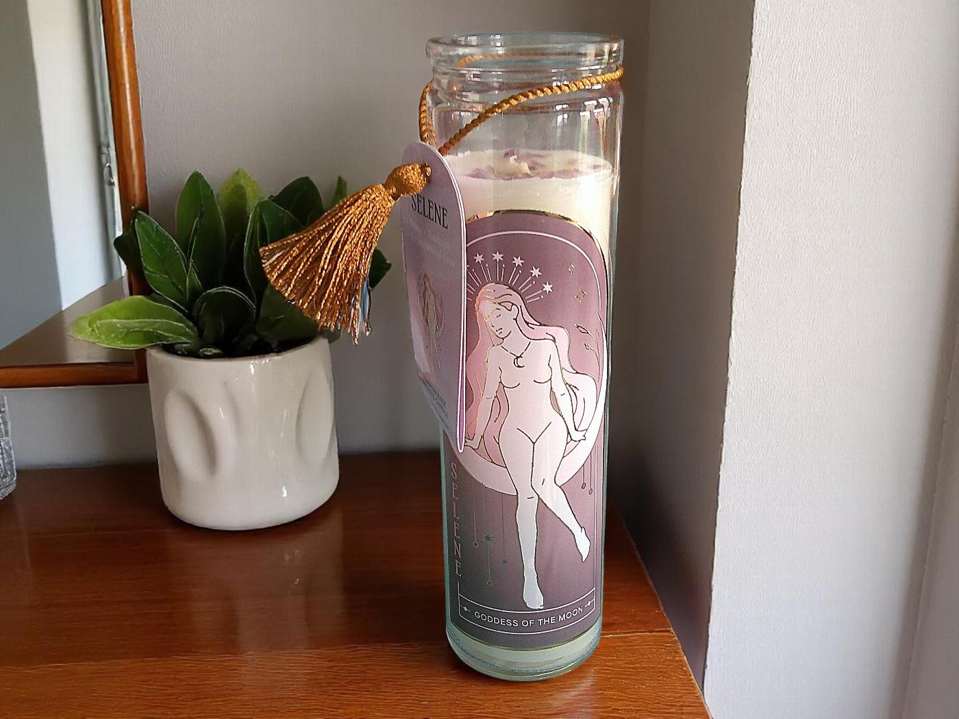 Tube Candle, Selene Moon Goddess. Frankincense with Amethyst Crystals