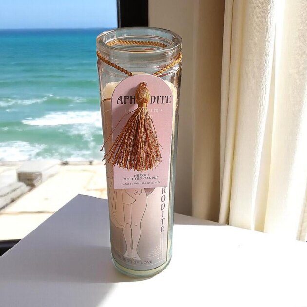 Tube Candle, Aphrodite with Neroli and Rose Quartz Crystals.