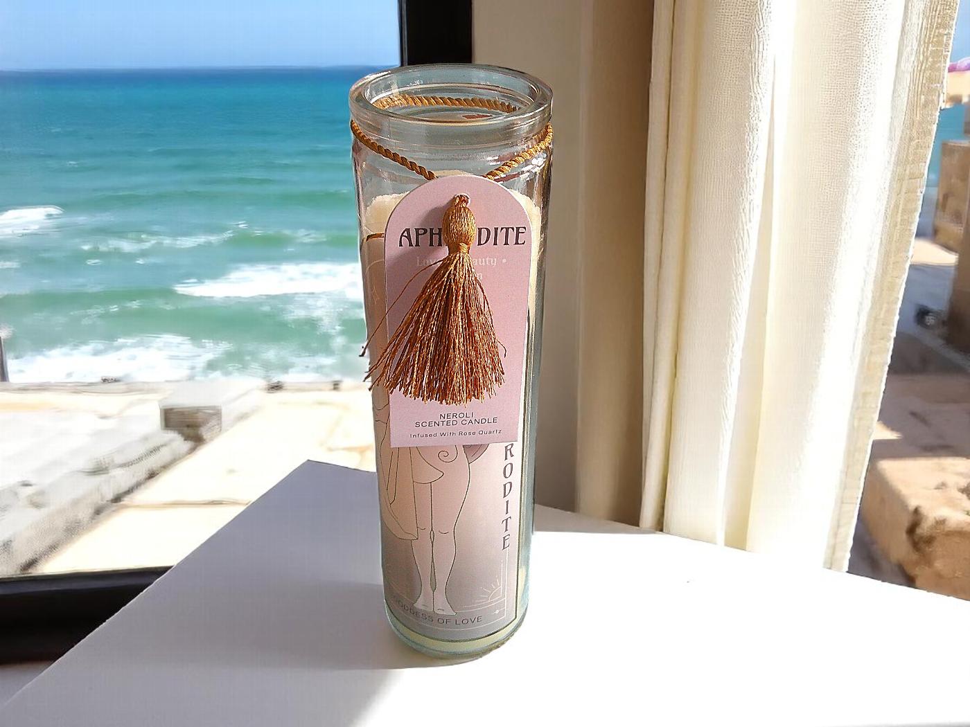 Tube Candle, Aphrodite with Neroli and Rose Quartz Crystals.