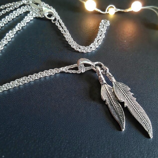 Double Feather Sterling Silver Necklace.