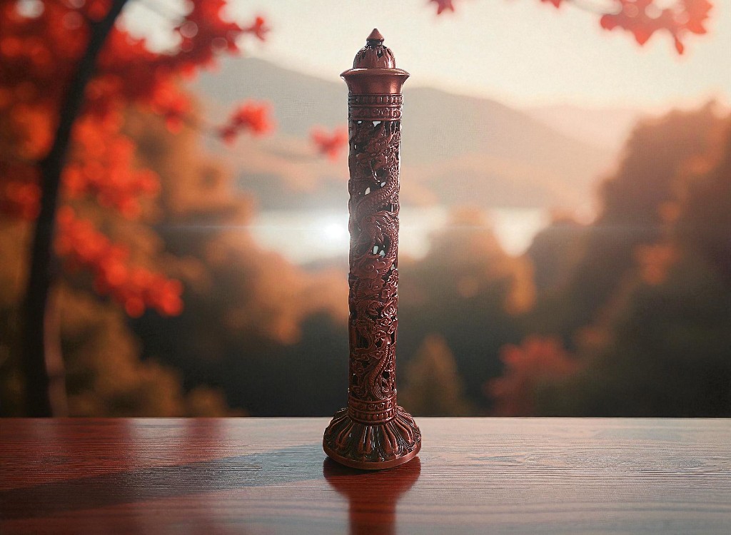 Copper Vertical Incense Burner, with Pheonix and Dragon Design