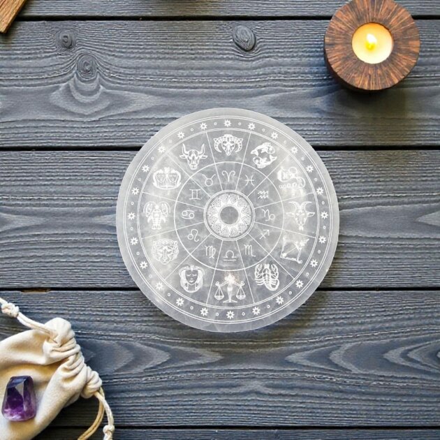 Selenite Charging Plate, 10cm Round, Zodiac .
