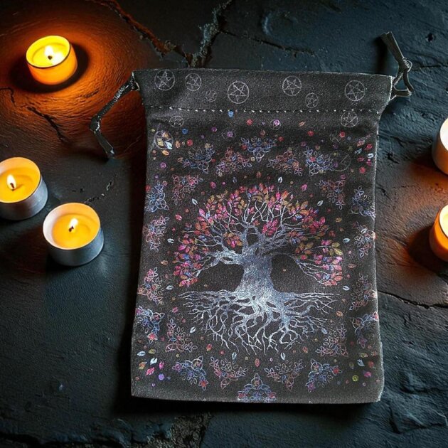 Velvet Pouch Black with Silver Tree of Life