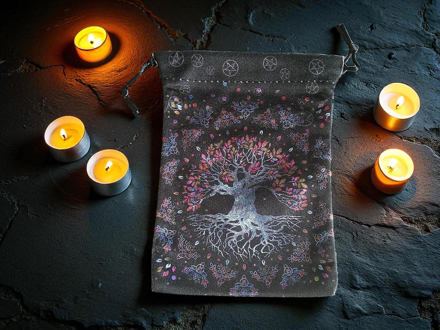 Velvet Pouch Black with Silver Tree of Life