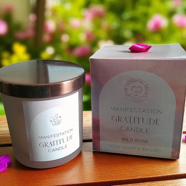 Manifestation Candle, Gratitude, Wild Rose and Rose Quartz