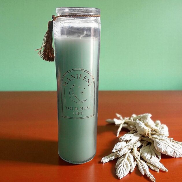 Tube Candle, Manifest your Best Life, White Sage with  Clear Quartz Crystal