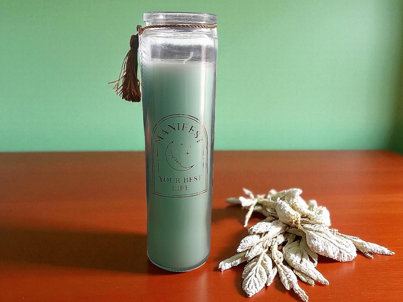 Tube Candle, Manifest your Best Life, White Sage with Clear Quartz Crystal