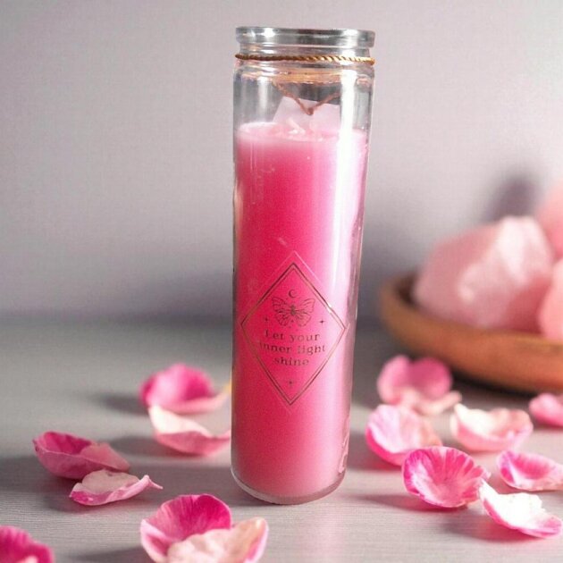Tube Candle Mystic Rose with Rose Quartz Crystal