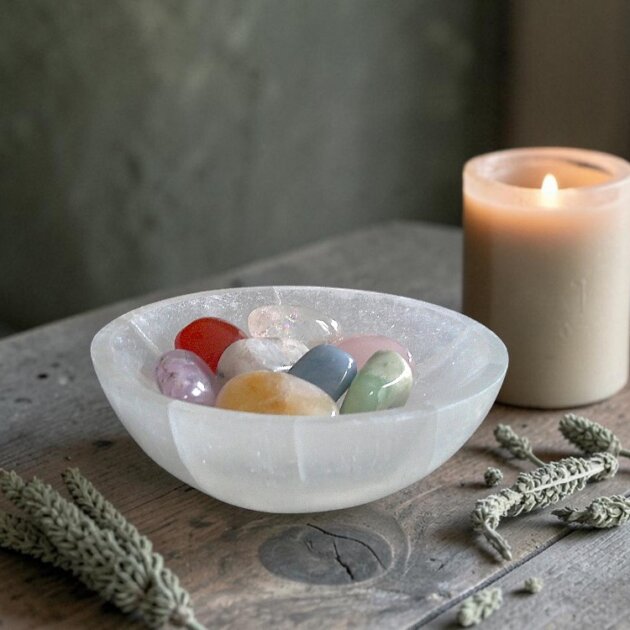 Selenite Round Bowl Healing Tumble Set