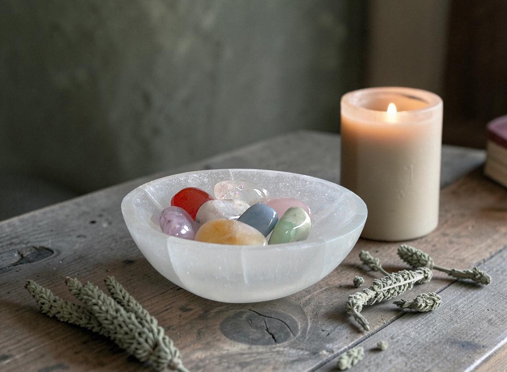 Selenite Round Bowl Healing Tumble Set